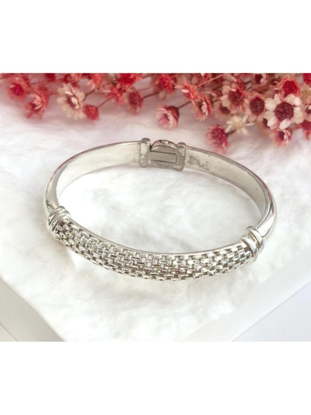 Thai Made Woven Mesh Vintage Sterling Silver 925 Chunky Hinged Bandle Bracelet